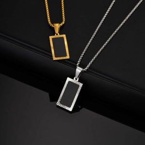 Men's retro square black acrylic pendant necklace in gold and silver finish