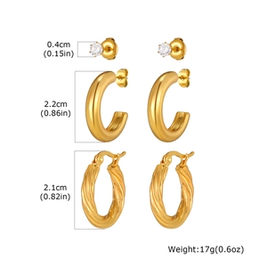 Detailed set of gold stainless steel hoop earrings and zircon studs with dimensions