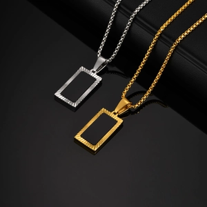 Retro Stainless Steel Square Pendant Necklace For Men Black Acrylic Inlay Radiating Texture Gold Silver Geometric Fashion Jewelry