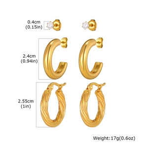 Detailed view of 3-pair gold earring set with dimensions and weights for each item