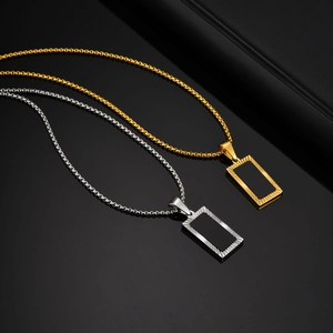 Mens vintage stainless steel rectangle pendant necklace with black inlay and sunburst texture