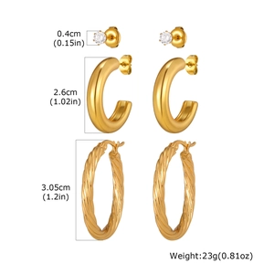Detailed size chart for three pairs of gold hoop earrings and zircon studs set