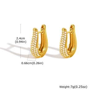 Detail view of gold U-shaped earrings with zircon inlay and dimensions 2.4cm by 0.66cm