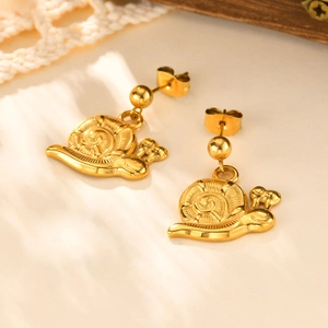 Detail of 18K gold plated stainless steel snail earrings with spiral texture and butterfly back