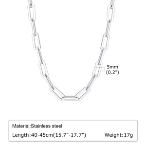 Detailed sizing of silver stainless steel paperclip chain with 5mm width and 17g weight