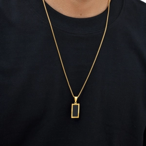 Men's vintage golden stainless steel necklace with black acrylic square geometric pendant