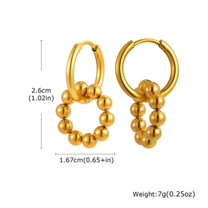 Detailed view of gold stainless steel beaded hoop earrings with precise dimensions