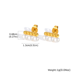 Detail view of gold bar stud earrings with three pearls including size measurements