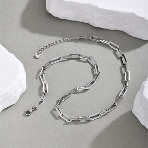Detailed view of silver paperclip chain necklace with lobster clasp and extender