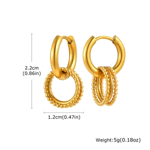 Detailed view of gold stainless steel multi-bead earrings with size measurements