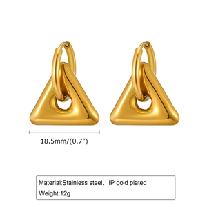 Detailed view of gold stainless steel triangle earrings with 18.5mm width dimensions