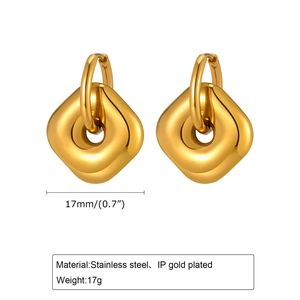 Macro detail of 17mm geometric square hoop earrings in gold plated stainless steel