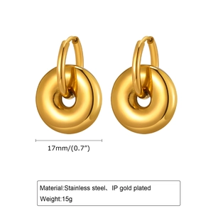 Detail of 17mm gold plated stainless steel donut hoop earrings with dimensions and weight