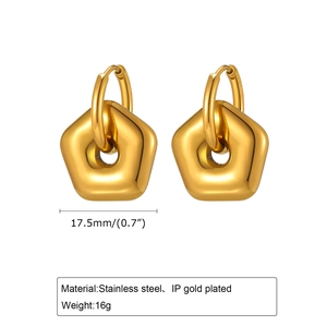 Detail of 17.5mm gold stainless steel pentagon hoop earrings with vacuum plating