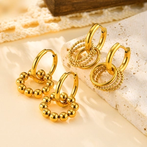18K Gold Plated Brass Hoop Earrings With Stainless Steel Post Round Beads Dangle Earrings For Women Personality Jewelry