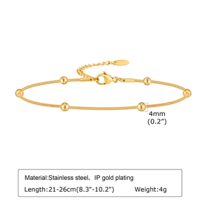 Gold stainless steel snake chain anklet with 4mm polished beads and lobster clasp