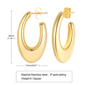 Polished hollow geometric oval hoop earrings in IP gold-plated stainless steel