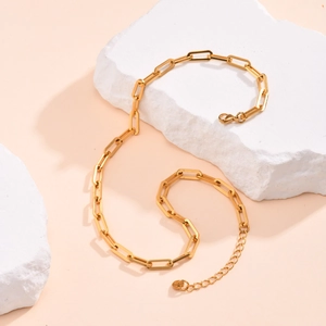 Polished gold paperclip chain necklace for women with lobster clasp and adjustable link