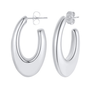 Minimalist chunky silver hollow geometric oval hoop earrings with high-polished mirror finish
