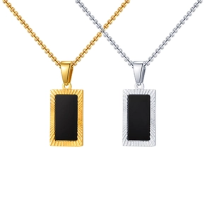Men's rectangular black acrylic pendant necklace with grooved edge in gold and silver