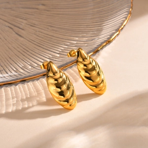 18K gold plated stainless steel stud earrings with curved geometric ripple pattern