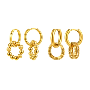 Chic gold-plated stainless steel hoop earrings with beaded charms for women