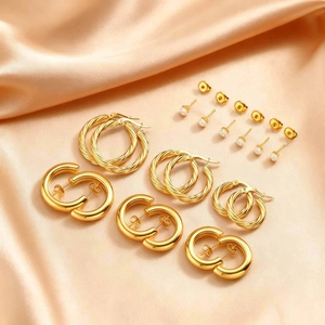Minimalist Stainless Steel Twisted Hoop Earrings Rhinestone Stud Earring Set For Women Gold Plated Geometric Fashion Jewelry