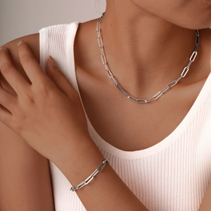 Elegant silver paperclip chain necklace and bracelet set for women in polished finish