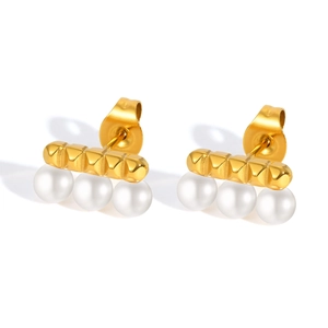 French style stainless steel pearl stud earrings with textured gold bar for women