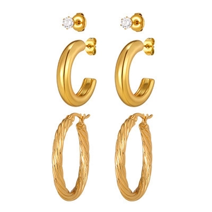 Three-piece set of golden twisted hoops, C-shaped earrings, and round zircon studs