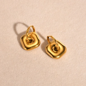 Detail of geometric square charms on gold stainless steel hoop earrings for women