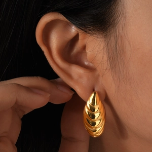 Polished 18K gold stainless steel teardrop earrings with textured ridges for women