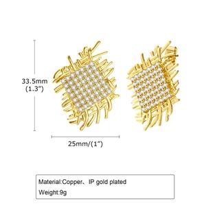 Golden woven stud earrings with cubic zirconia stones in irregular metal texture design