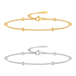 Adjustable stainless steel snake chain anklet with round beads in gold and silver finish