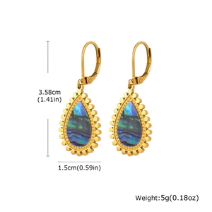 Detailed size chart showing 3.58cm height and 1.5cm width of drop abalone shell earrings