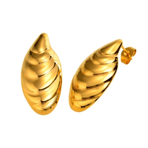 Polished 18K gold-plated stainless steel stud earrings with spiral textured waterdrop design