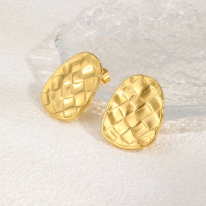 Elegant gold wave texture quilted oval stud earrings in 18K plated stainless steel