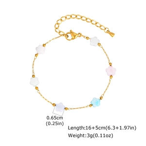 Detailed view of colorful shell flowers on a gold-plated stainless steel bracelet