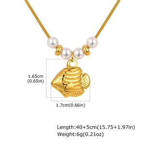 Detail showing tropical fish pendant dimensions 1.65cm with white pearls and snake chain