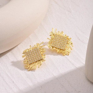 Luxurious Gold Plated Copper Braided Stud Earrings With 925 Sterling Silver Post Geometric Square Zirconia Earrings For Women Jewelry