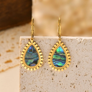 Vintage 18K gold plated stainless steel teardrop earrings with colorful abalone shell inlay