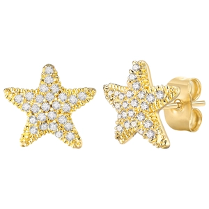 Golden star stud earrings with clear zircon pavé and micro-bead details on white background