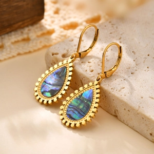 Elegant 18K gold-plated teardrop earrings with natural abalone shell and retro bead details