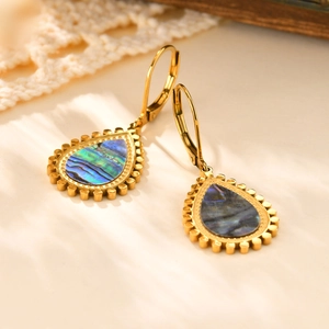 Detail of teardrop earrings featuring iridescent abalone shell and 18K gold-plated beaded edges