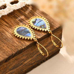 Close-up of 18K gold-plated teardrop earrings with abalone shell inlay and bead edge