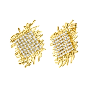 Elegant woven copper earrings with gold plating and square zircon cluster inlays