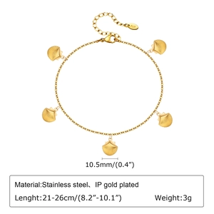 Gold IP plated stainless steel anklet with five striped shell pendants and K18 tag