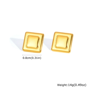 Detail view of square gold earrings measuring 0.8cm wide and weighing 14g per pair