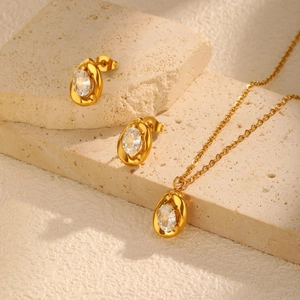 Luxury Gold Plated Stainless Steel Oval Zirconia Necklace and Earrings With 925 Sterling Silver Post Fashion Jewelry For Women