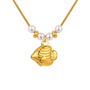 Elegant gold tropical fish pendant necklace with white pearls on a sleek snake chain